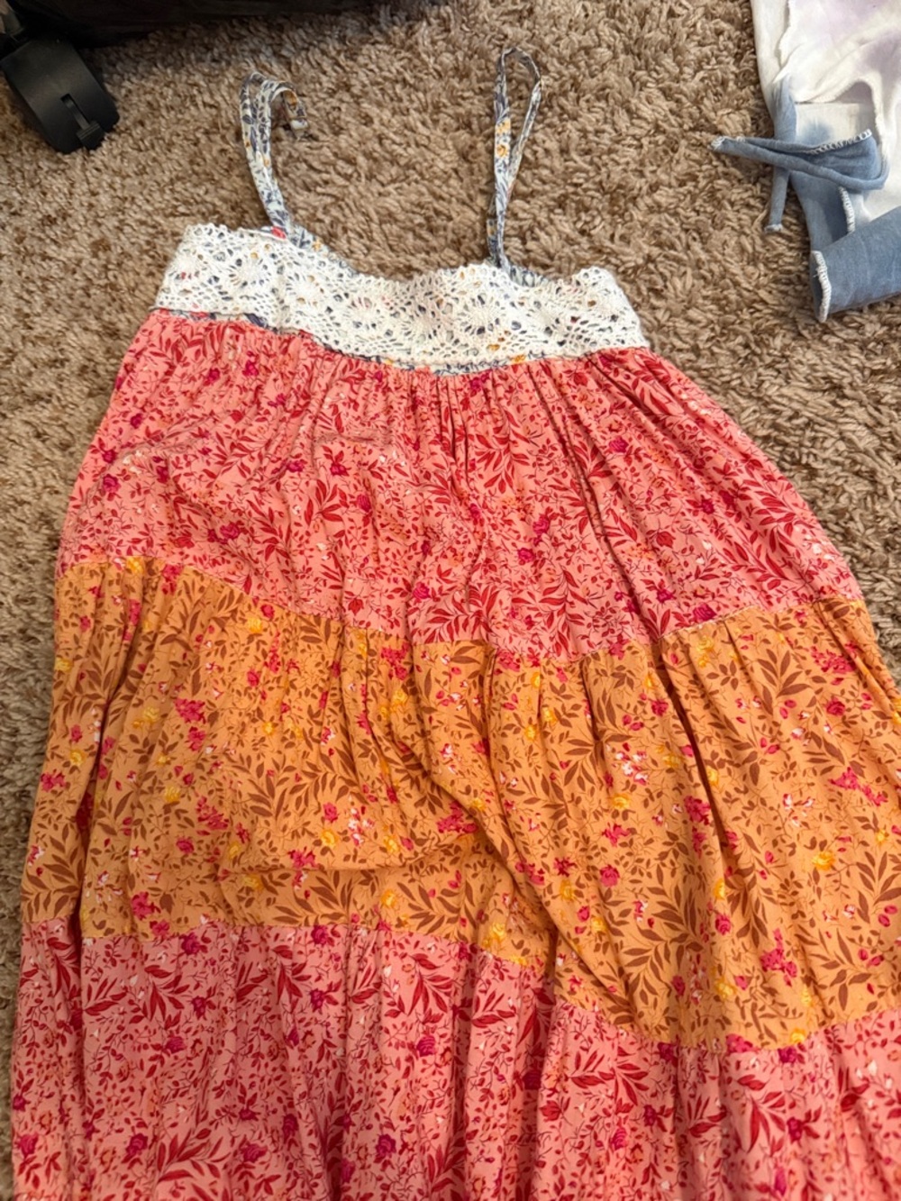 Girls' Floral Tiered Sundress with White Lace Bodice